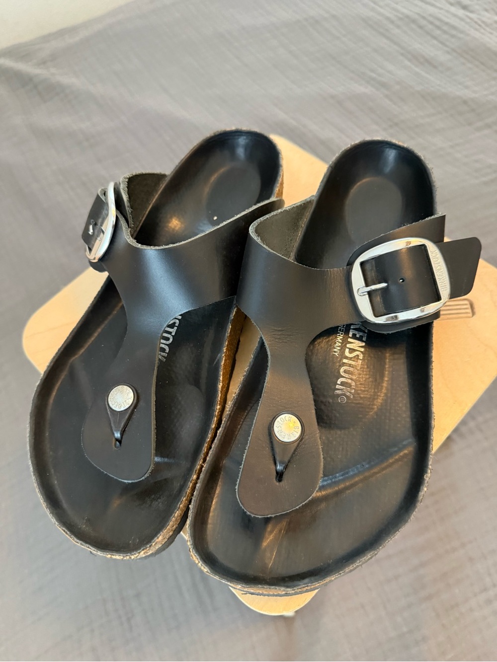 Birkenstock Black Toe-Post Sandals with Silver Buckles